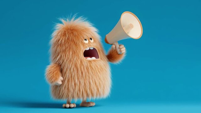 Furry character in a bright blue background uses loudspeaker to communicate a message while standing with a neutral expression