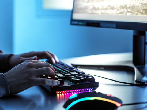 Teenage boy playing video game using keyboard on computer at table