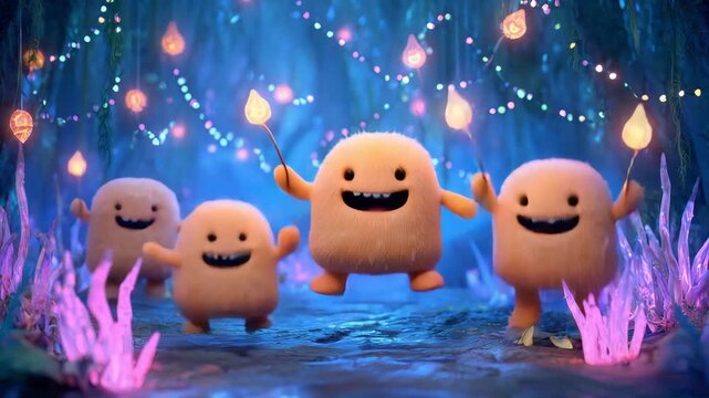 Four fluffy characters walk through a cave while holding glowing sticks, surrounded by colorful lights and crystals