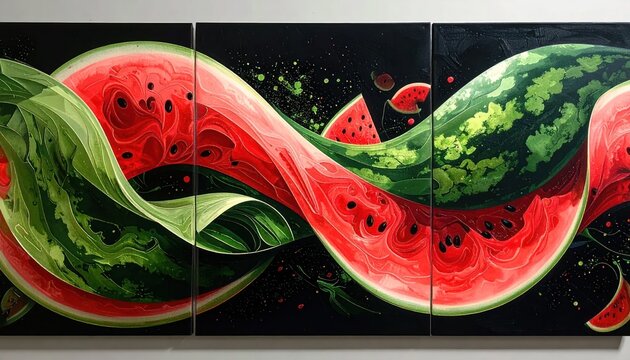 Abstract watermelon triptych flowing fruit waves.