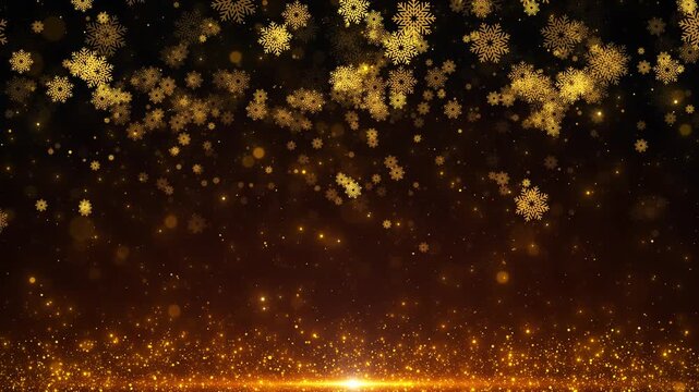 Dark golden winter background snow flakes at top, glowing particles near bottom, warm festive copy space. Christmas greetings, holiday videos, wedding invites, luxury titles, seasonal motion loops.