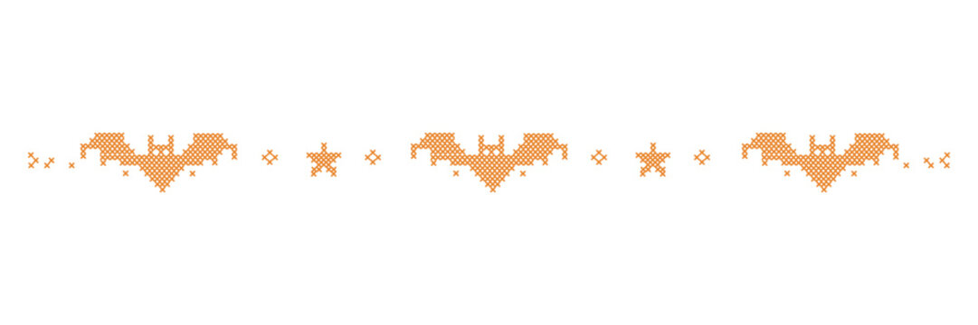 Halloween bat cross stitch embroidery seamless border. Vintage pixelated needlework horizontal divider ribbon vector illustration isolated on white background.