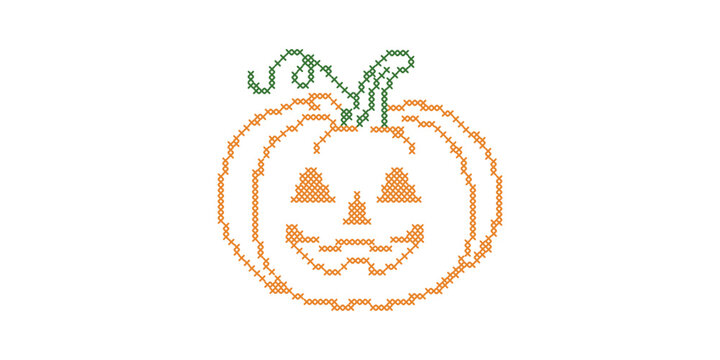Cross stitch halloween pumpkin element. Spooky embroidery folk art clip art. Orange jack o'lantern motif for digital crafting and seasonal holiday graphics.