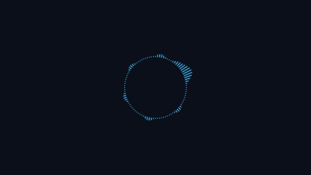 Blue circular sound wave equalizer pulses rhythmically in this minimalist digital animation motion video clip for modern audio visual display