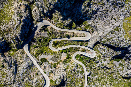 Aerial view of serpentine road MA-2141 to Sa Calobra,Serra de Tramuntana, Spain