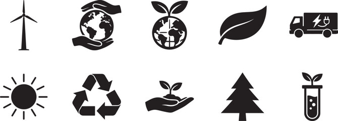 Obraz premium Nature ecology icon set with solid and outline vector EPS symbols for trees, recycle, water, and earth.