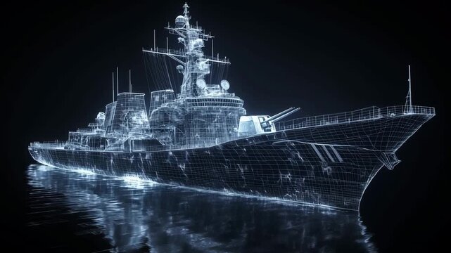 A wireframe model of a ship is displayed on a dark background highlighting its design and structure