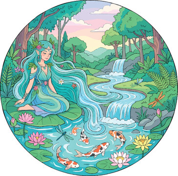Enchanting river fairy with flowing turquoise hair and magical glow. Ethereal water nymph illustration with fantasy nature elements and sparkling a...
