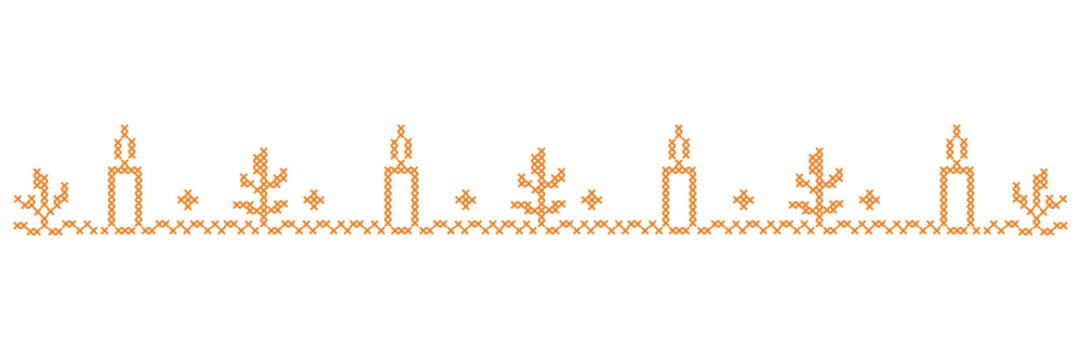 Halloween candle cross stitch embroidery seamless border. Vintage pixelated needlework horizontal divider ribbon vector illustration isolated on white.