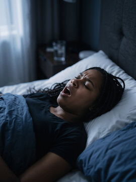 Black woman patient gasping for air while sleeping in bed at night, sleep apnea and sleep disorder awareness vertical banner