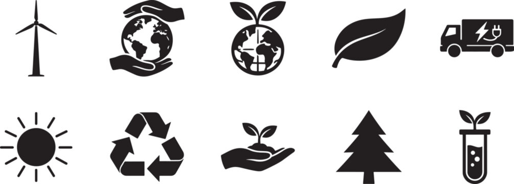 Nature ecology icon set with solid and outline vector EPS symbols for trees, recycle, water, and earth.