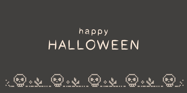 Happy Halloween cross stitch embroidery seamless banner or greeting card. Vintage pixelated needlework folk art background with handmade spooky skull border. Vector illustration.