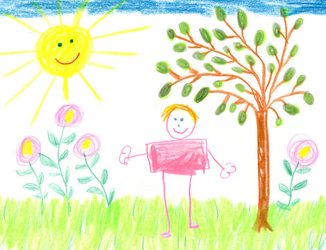 Childrens drawing of a stick figure in a garden with sun
