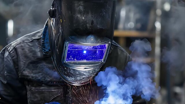 A welder uses a welding torch in an industrial workshop while smoke and sparks fill the air