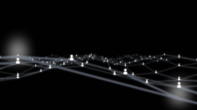 Digital network grid featuring glowing white human node icons connected by thin lines in this smooth abstract motion video animation
