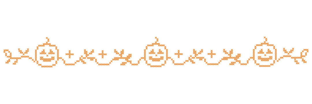 Halloween pumpkin cross stitch embroidery border. Vintage pixelated needlework seamless ribbon pattern with handmade spooky jack-o-lantern and autumn branches vector illustration.