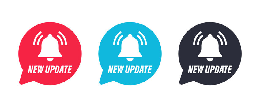 New update notification badges, ringing bell alert icons, flat vector speech bubble set