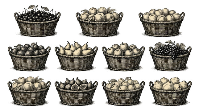 Vintage fruit basket collection, set of 11 hand drawn rustic wicker baskets with fresh harvest, woodcut style fruit illustrations for farm market branding