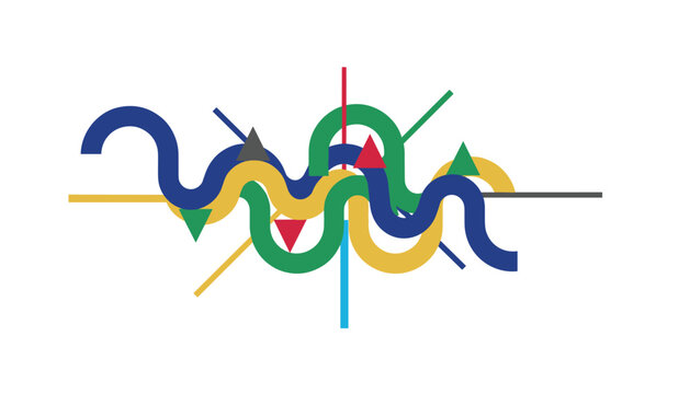 Abstract geometric ribbon composition with colorful interlocking wavy tubes and small triangles on white.