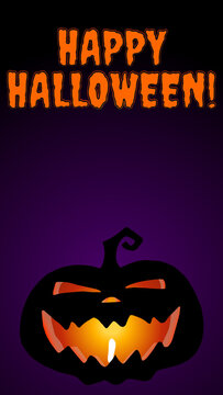 Festive vertical Halloween banner and greeting card template with orange Happy Halloween lettering and glowing spooky jack-o'-lantern on purple background with copy space