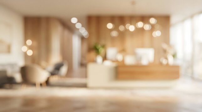 Modern hotel lobby interior with wooden accents and blurred background warm and inviting atmosphere
