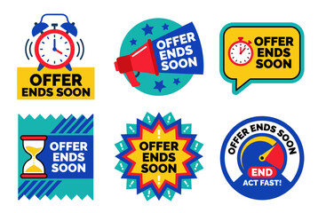 Obraz premium Offer ends soon promotional badges, 6 marketing stickers, limited time sale countdown vector set