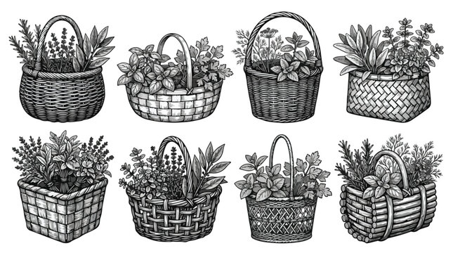 Vintage hand drawn herb baskets, set of 8 engraved wicker basket illustrations with fresh garden herbs, rustic botanical vector sketches