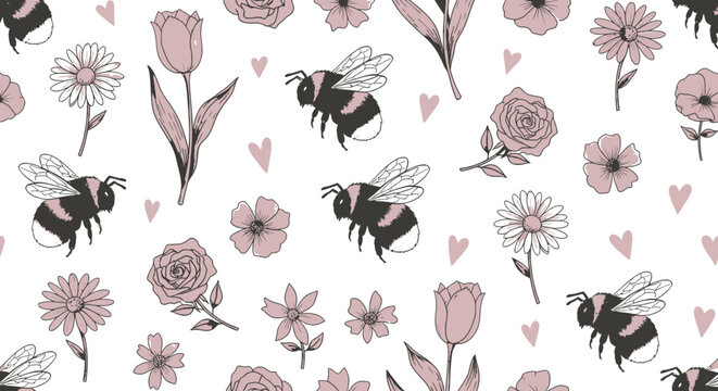 Seamless pattern of bumblebees and pink flowers on white background
