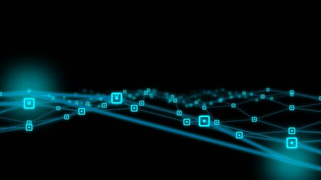Digital network grid with glowing blue square nodes flowing across a dark virtual space in this high quality motion video