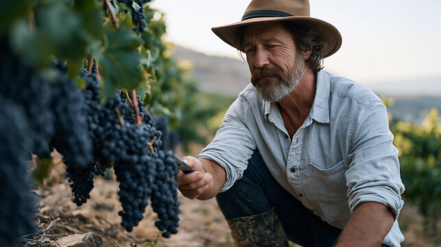 Winemaker in muddy boots crouching low among harvest rows to examine ripening grape clusters close up, refractometer in hand measuring sugar content, sustainable viticulture and