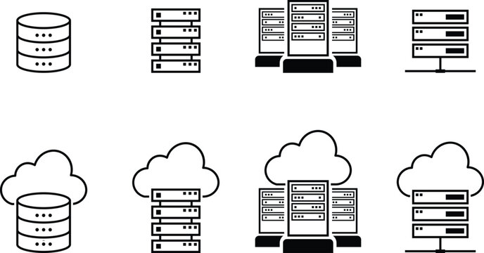 Server Infrastructure Icons Set, Database Cloud Storage and Data Center Network Symbols
