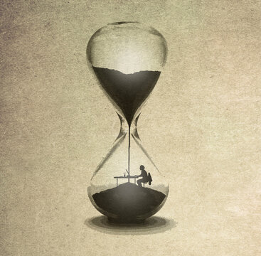 Illustration of person working inside hourglass symbolizing approaching deadline