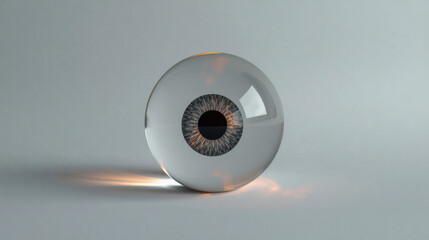 A Clear Glass Sphere Containing A Detailed Human Iris And Pupil Centered On A Neutral Gray Surface With Warm Light Caressing Its Base © Ayaz