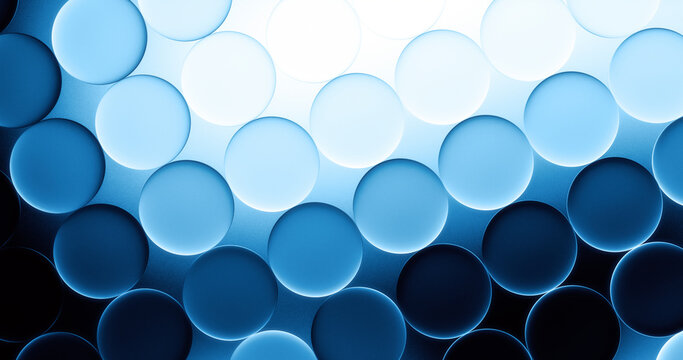 Glowing blue glass spheres create an abstract gradient background