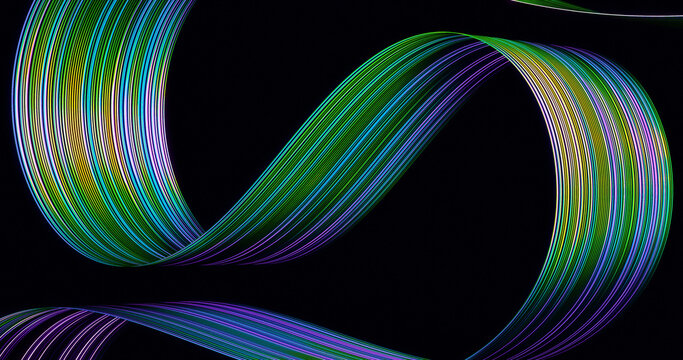 Abstract vibrant 3d rendered ribbon flowing on dark background