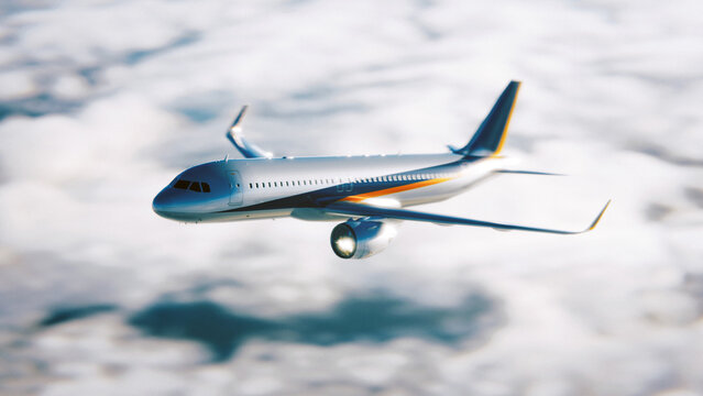 A commercial airplane is cruising above the clouds in the sky