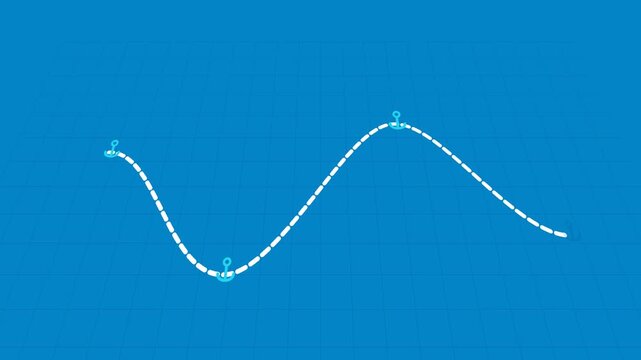Animated white dashed line with anchor points moves across a bright blue digital grid background in this motion video clip
