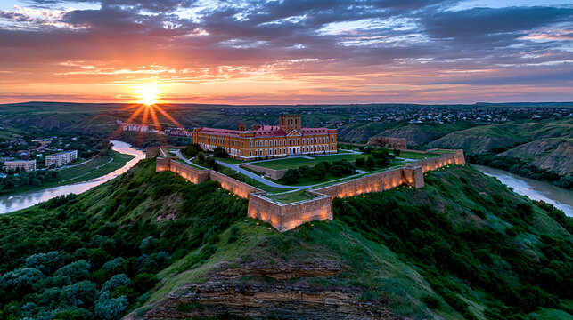 Majestic historical fortress complex illuminated at sunset with a river and distant town below, set against a dramatic sky.