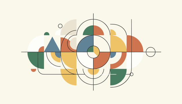 Geometric abstract art composition featuring semi-circles, triangles, and intersecting lines in earthy tones on beige.