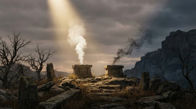 Ancient offering judgment: Cain rejection, Abel acceptance, Bible narrative, religious sacrifice, divine favor, stone altar, desolate land.