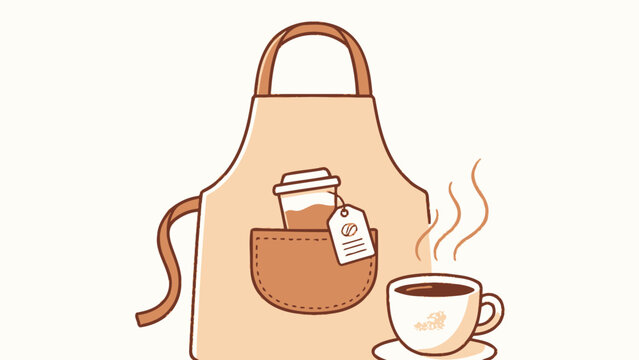 Warm beige apron with brown pocket holding takeaway coffee cup and tag next to steaming ceramic mug