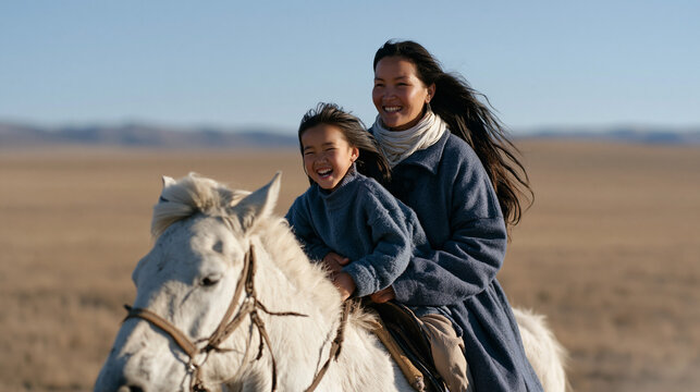 Kazakh horsewoman in rural steppe village teaching young niece bareback riding fundamentals in open grassland paddock at golden hour both laughing mid-lesson dust rising beneath