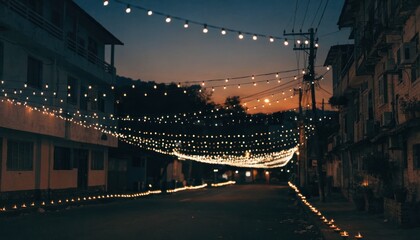 Fototapeta premium A quiet urban street at dusk decorated with strings of glowing lights hanging between buildings, creating a festive and cozy atmosphere.