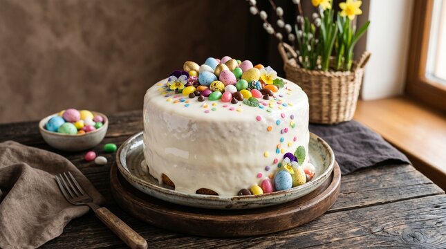 Colorful Easter cake with candy eggs on wooden table.