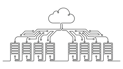 Obraz premium Continuous line art of a cloud computing network infrastructure with servers