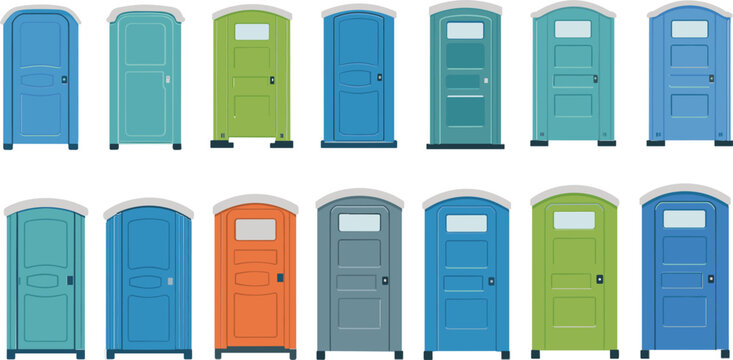 Portable toilet collection, mobile restroom cabins for construction, events and sanitation illustration