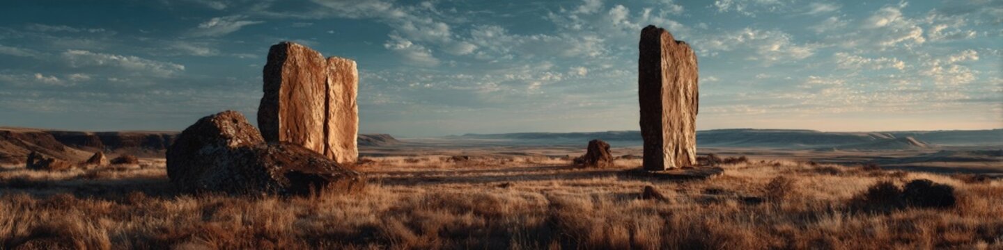 A panoramic landscape featuring ancient monoliths under a vast sky, with warm amber light and deep blue tones creating a ceremonial and atmospheric scene.