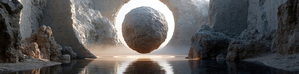 Fototapeta premium A serene minimal landscape featuring a suspended stone in a water cave with soft light rings, carved symbols, and a celestial opening above, evoking a meditative and monumental stage design.