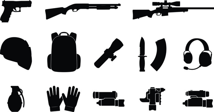 military tactical gear silhouettes featuring weapons rifles knife grenade helmet and survival equipment vector illustration