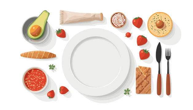 Top view of a breakfast table setting with an empty plate and various healthy food items.